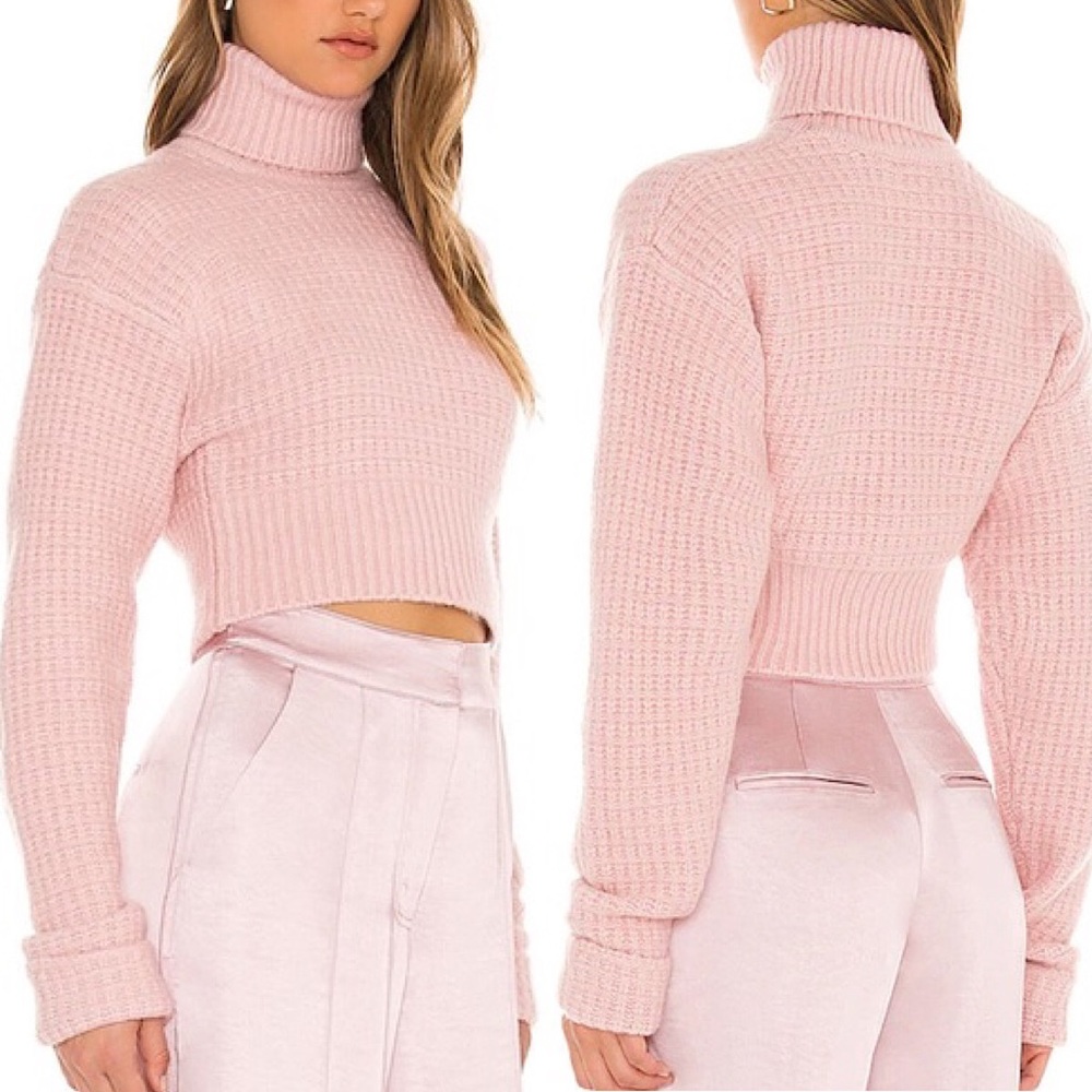 For Love And Lemons Pink Waffle Knit Madeline Turtleneck Crop Sweater 90’s